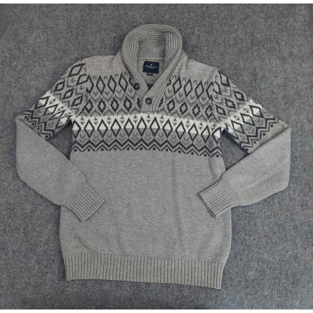 American Eagle Sweater Mens Small Gray Diamonds Shawl Collar Pullover Aztec